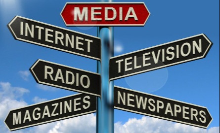 Media signpost shows internet television newspapers magazines and radio