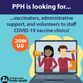 Infographic requesting help at vaccine clinics from Peterborough Public Health