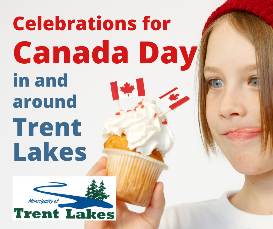 Young girl looking at a cupcake that has small Canadian flags inserted.