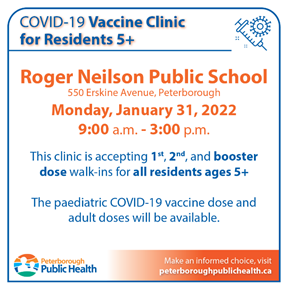 Infographic of vaccine walk in clinic at Roger Neilson Public School