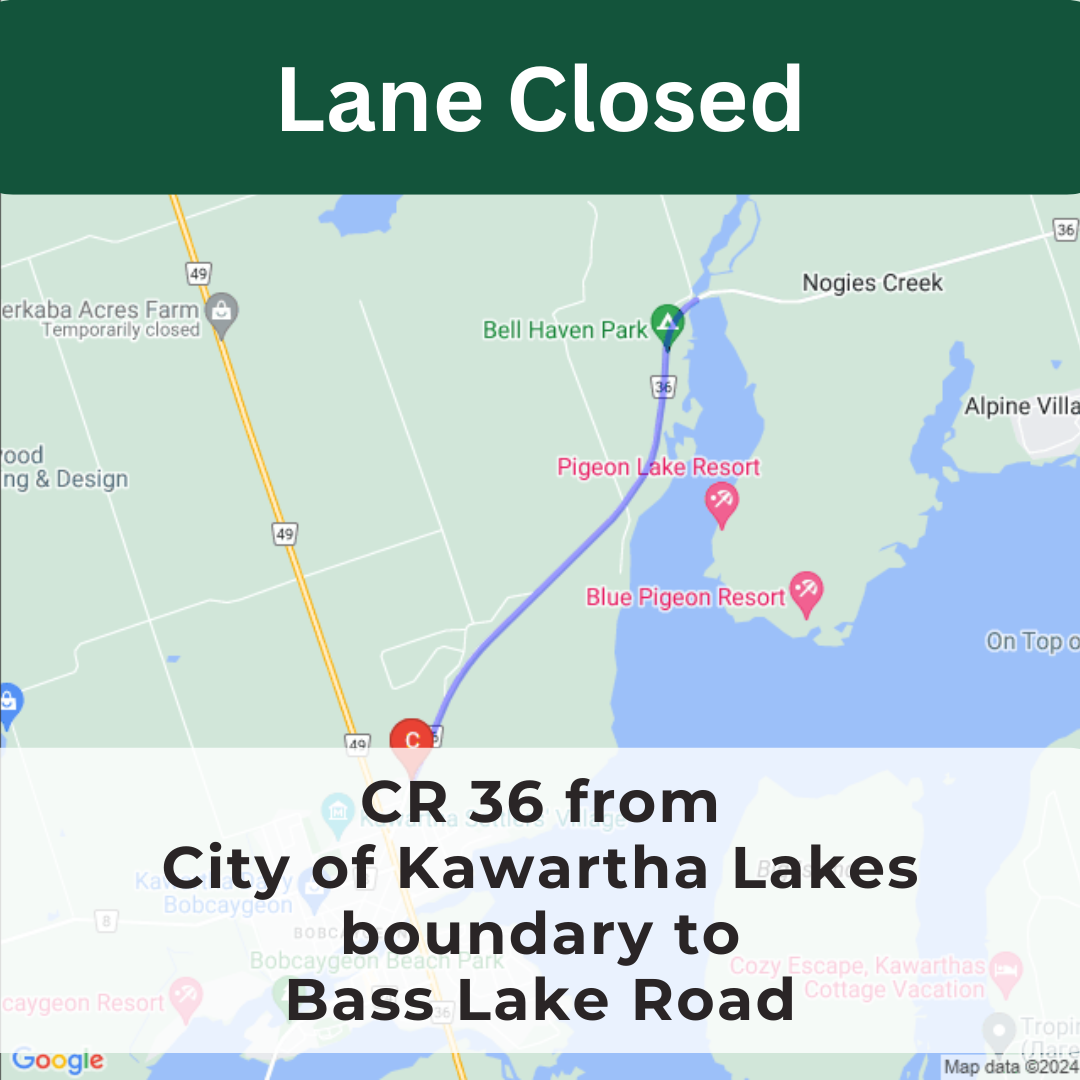 Google Map of lane restriction area on County Road 36, from Kawartha Lakes boundary to Bass Lake Road.