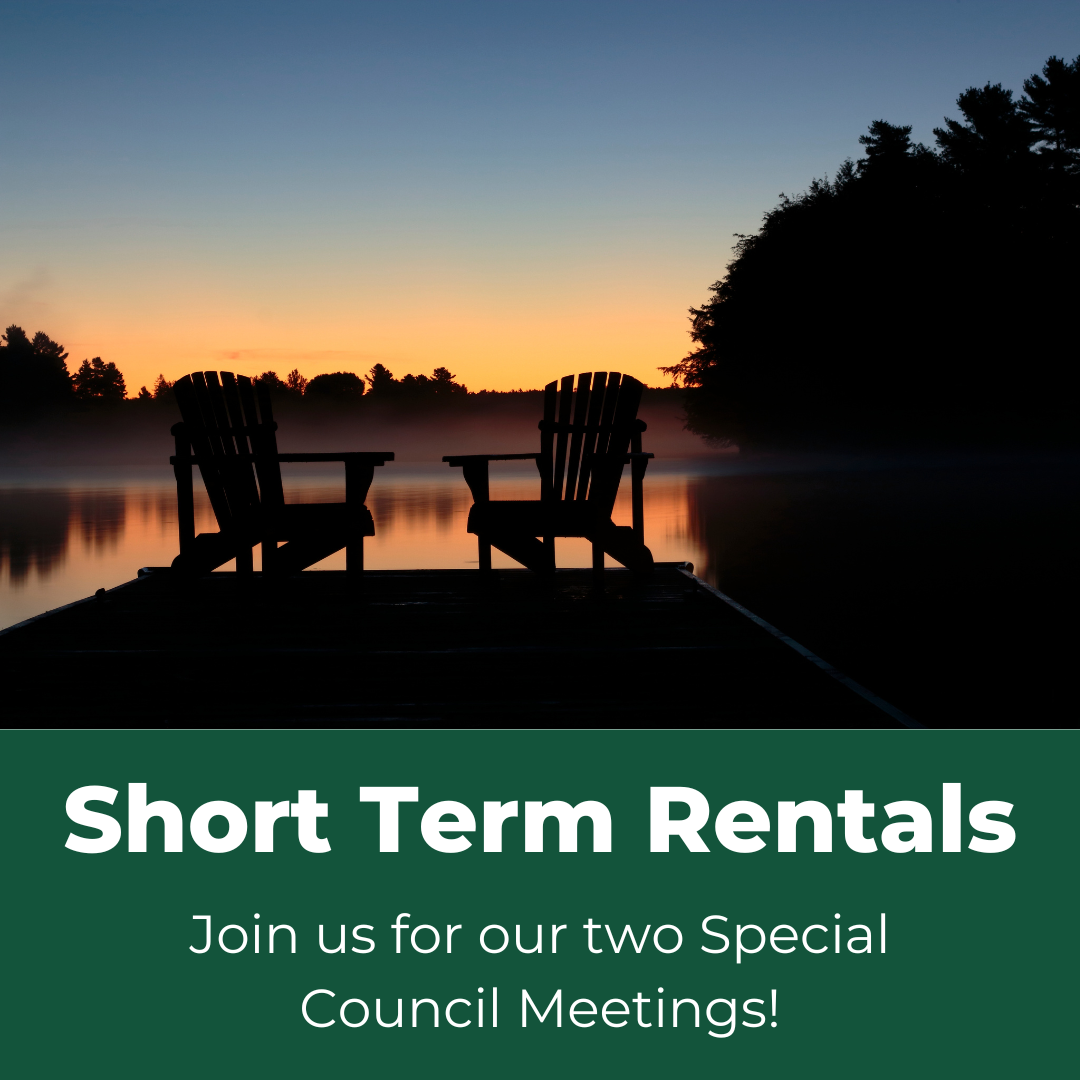 Image of lawn chairs on end of dock at sunset. Text reads: Short Term Rentals. Join us for our two special council meetings!