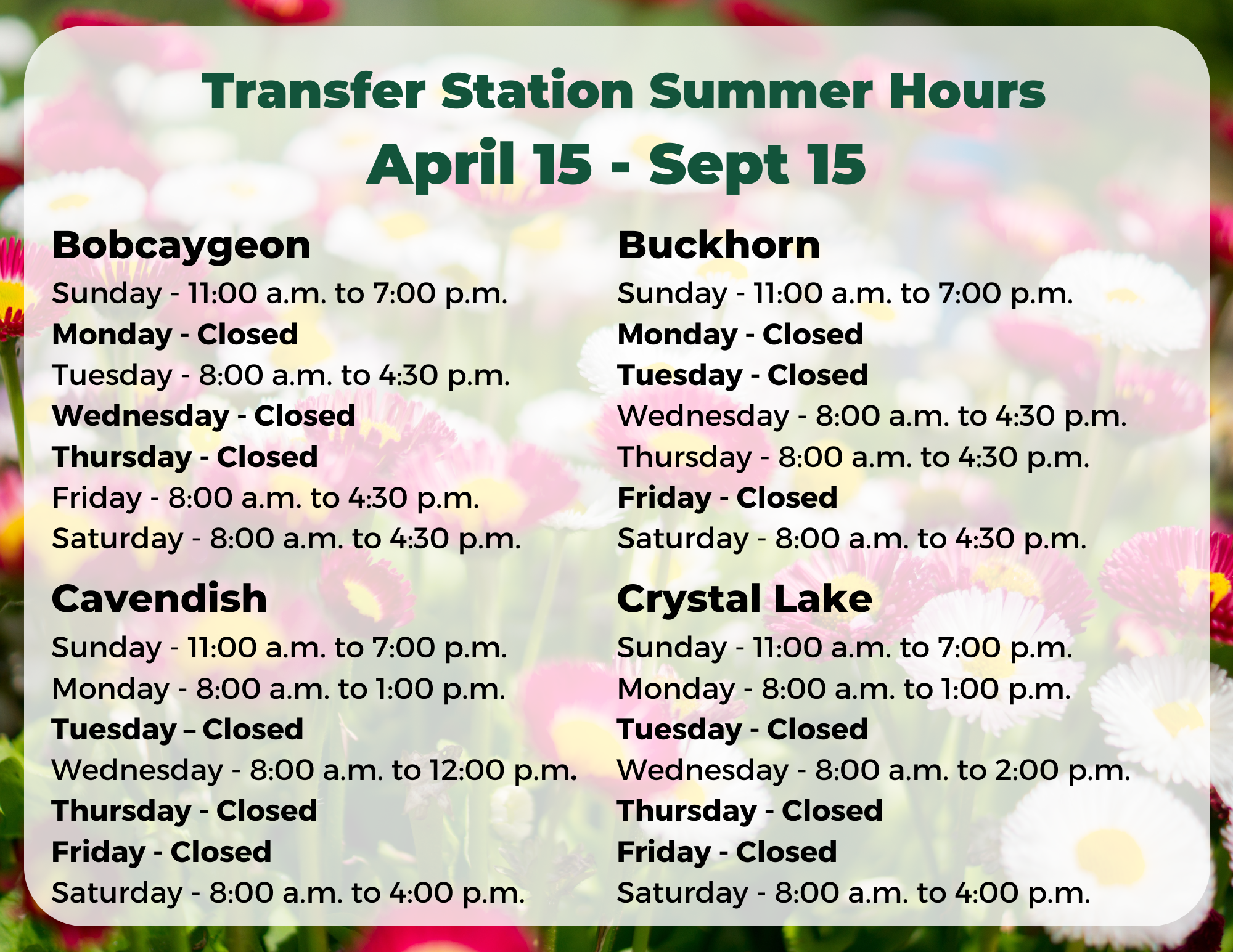 List of transfer station summer hours.